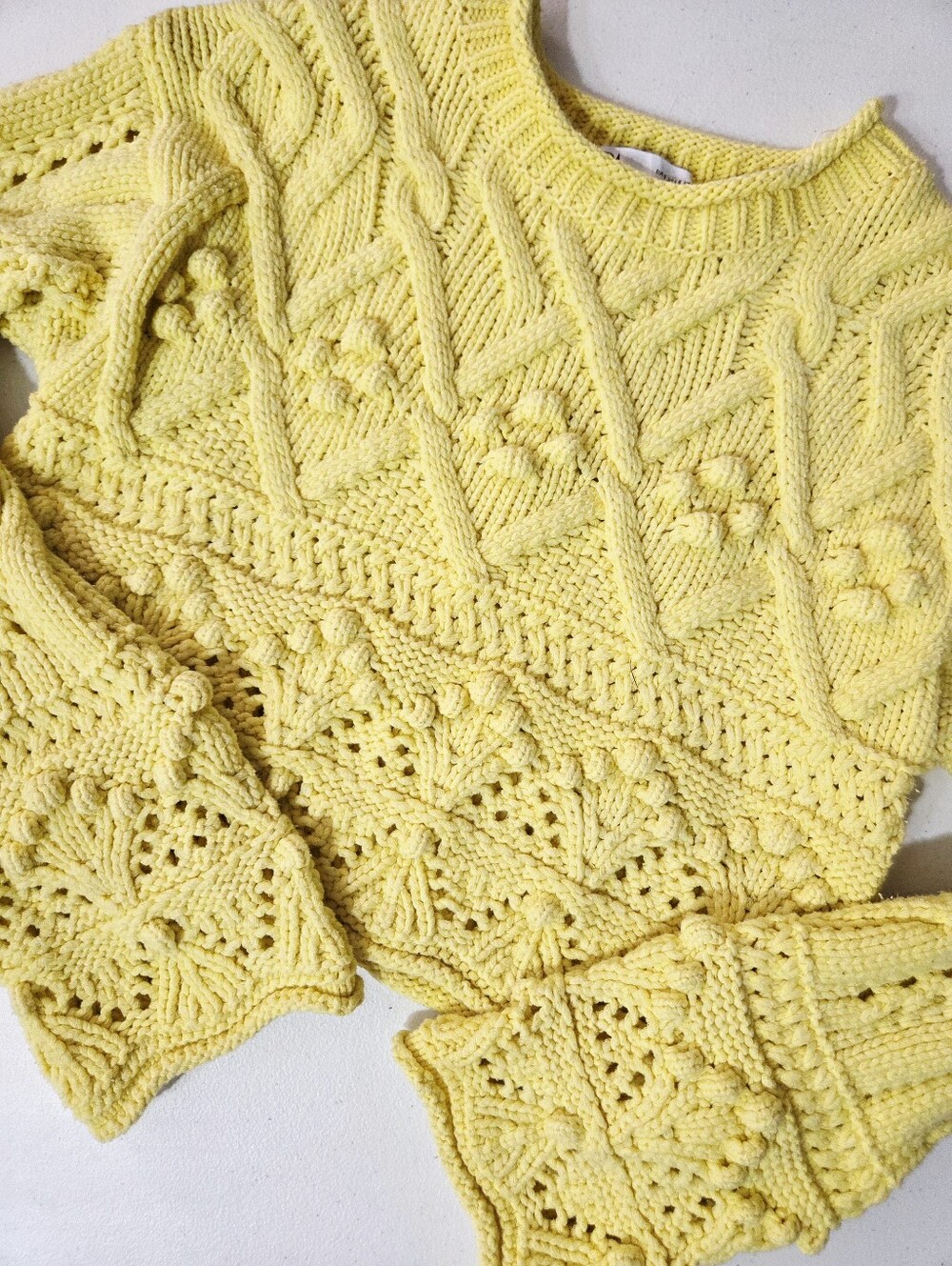 Zara Yellow Cable Knit Pom Pom Sweater small